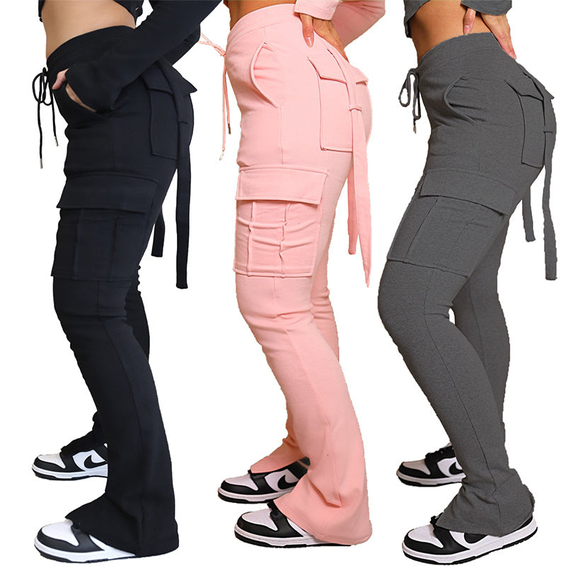 Womens Cargo Pants With 6 Pockets High Waist Drawstring Wide Leg Straight Trousers