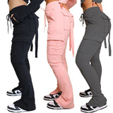 Womens Cargo Pants With 6 Pockets High Waist Drawstring Wide Leg Straight Trousers