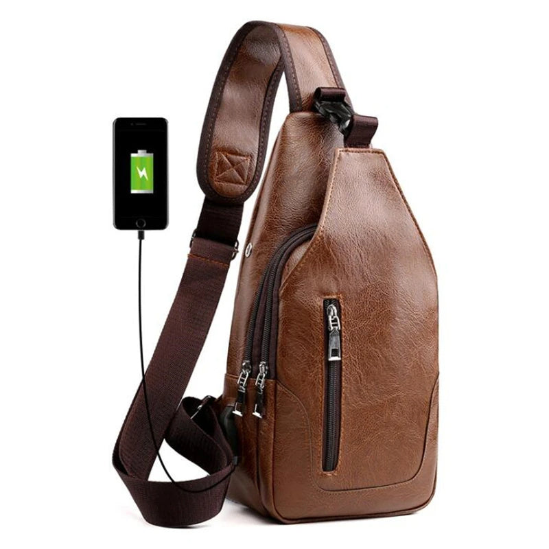 Leather Sling Bag Mens Crossbody Bag Chest Bag Sling Backpack for Men with USB Charge Port